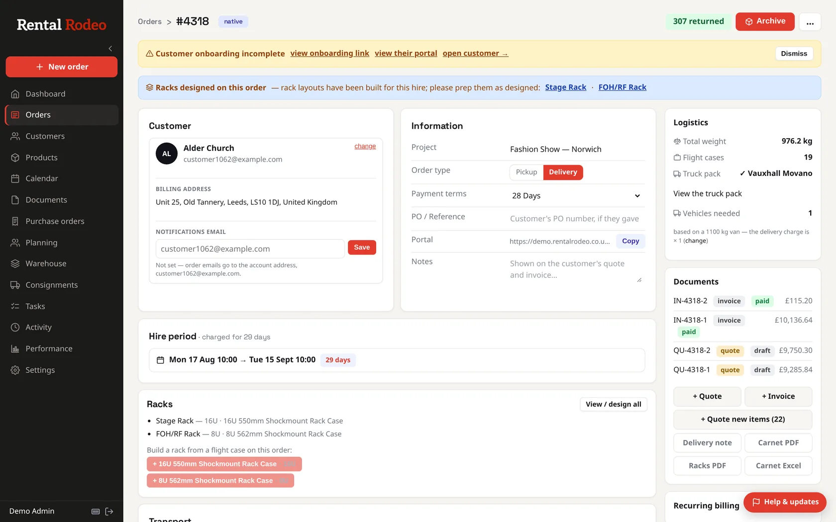 Screenshot of an order: customer details, hire period, documents, and the truck pack worked out for delivery