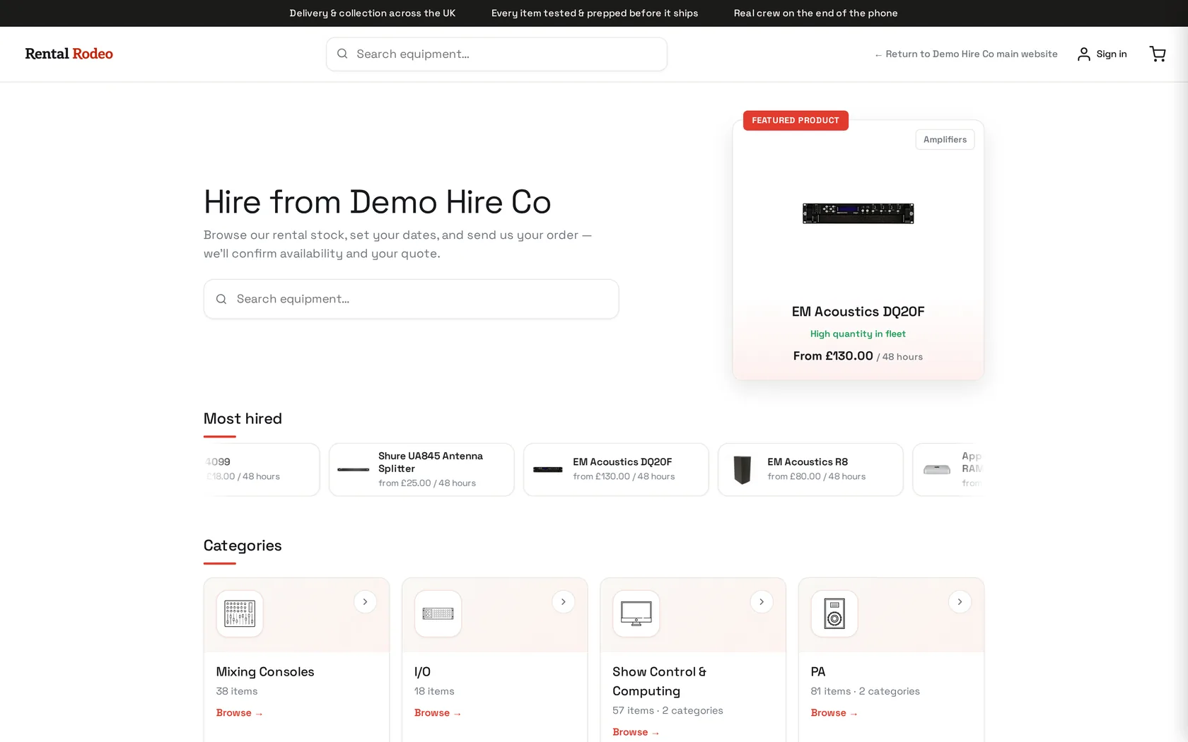Screenshot of the public hire shop: equipment search, a featured product and browsable categories, in the demo company's own branding